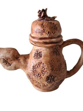 Vintage Handcrafted Ceramic Mini Teapot With Floral Embossing & Lid Earthy Glaze